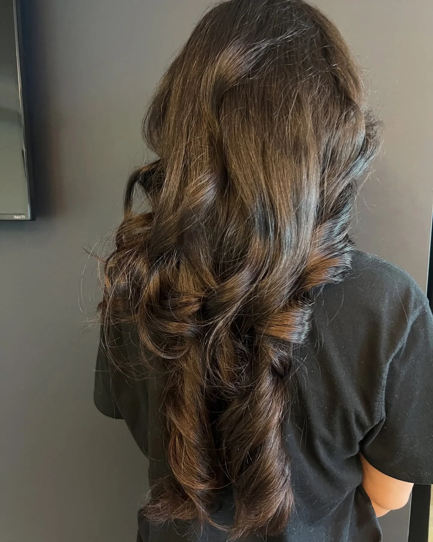 Long glossy brunette blowout, seen from behind