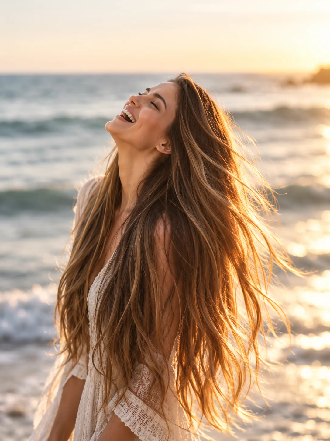 Woman with long sunlit hair by the ocean at sunset