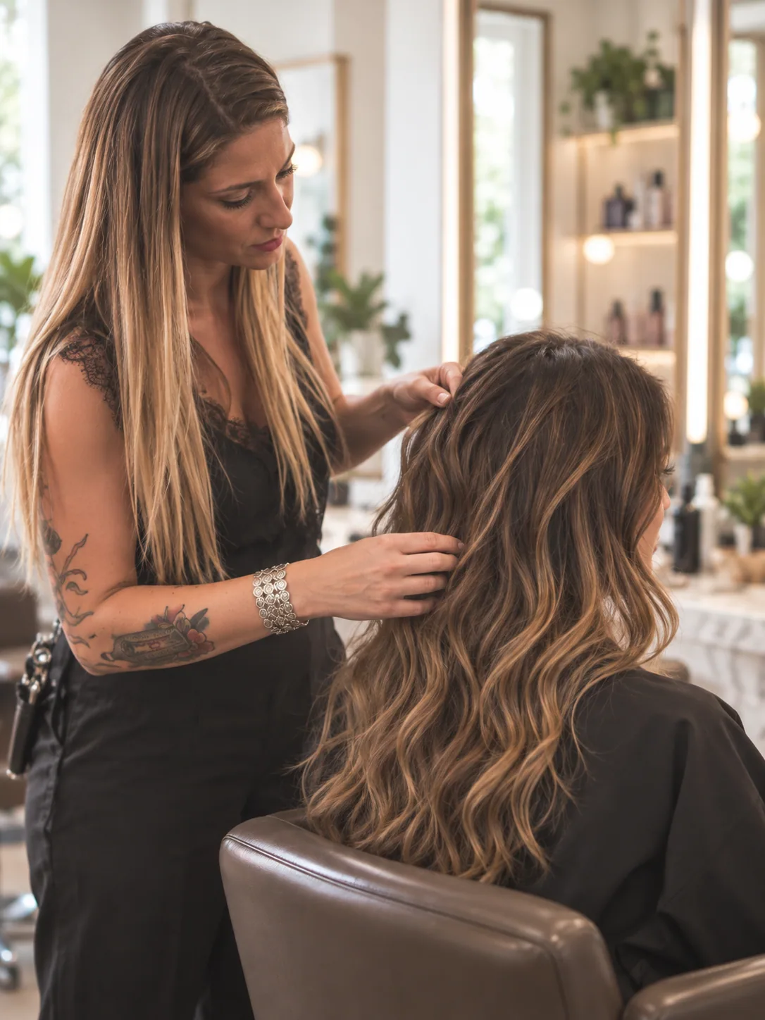Stylist presenting the finished look of a client's freshly colored hair