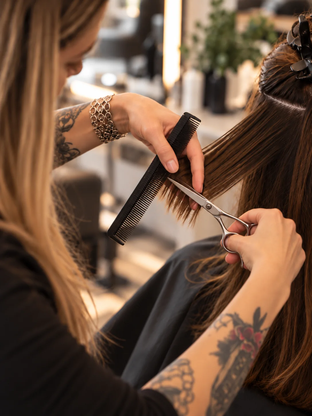 Hair stylist sectioning and trimming a client's hair with a comb and scissors