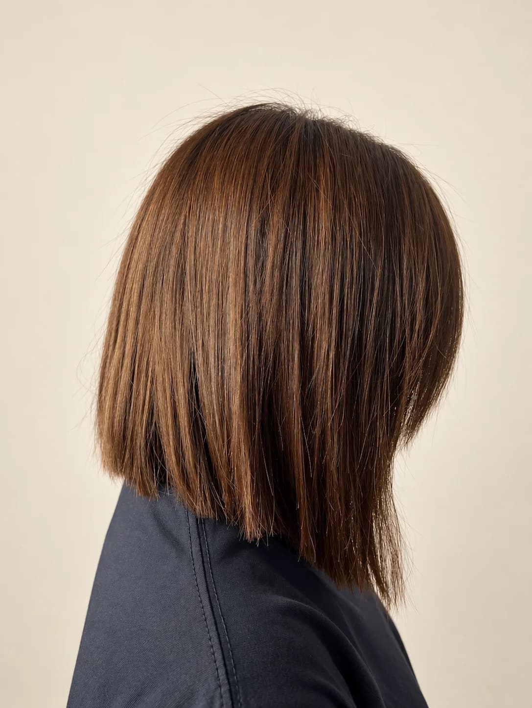 Side view of a sleek, glossy chestnut bob with a blunt cut