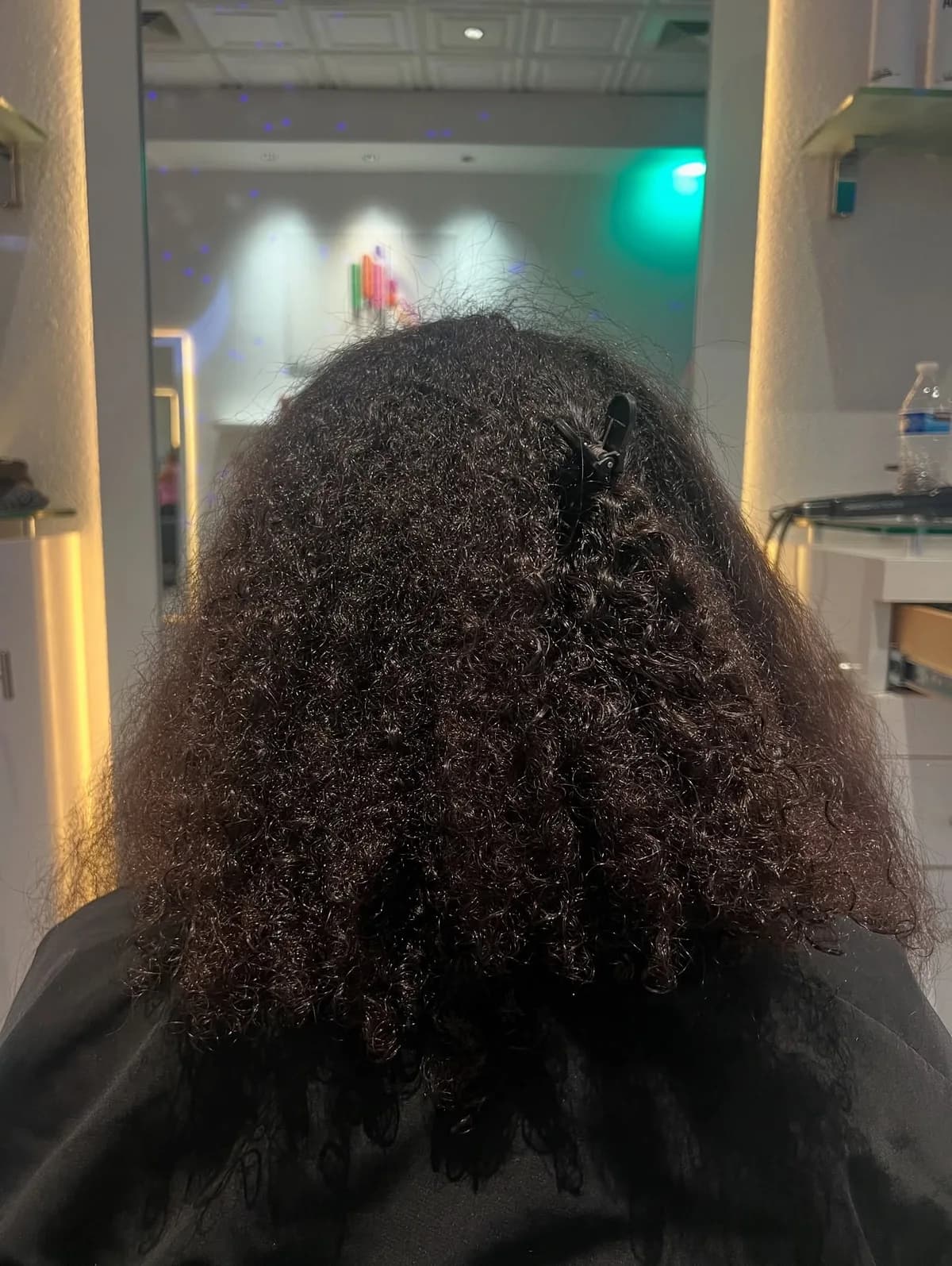 Naturally curly dark hair photographed from behind before the treatment