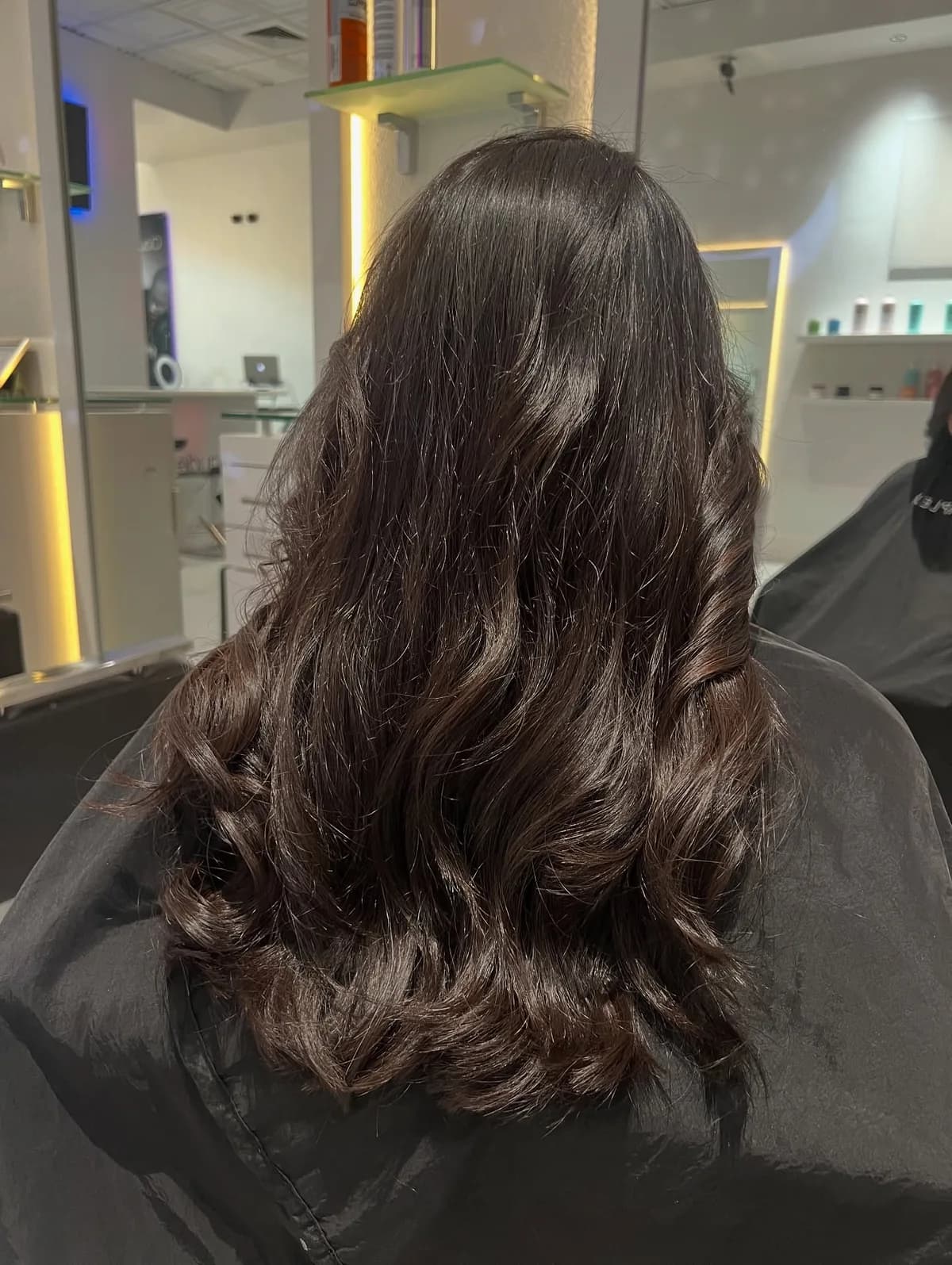 Long, glossy dark hair styled in soft waves, photographed from behind in a salon