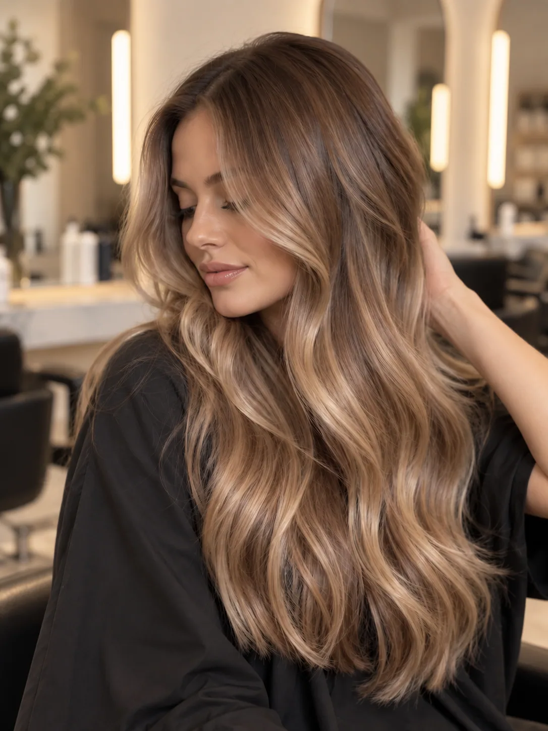Long brunette hair with soft caramel highlights styled in loose waves