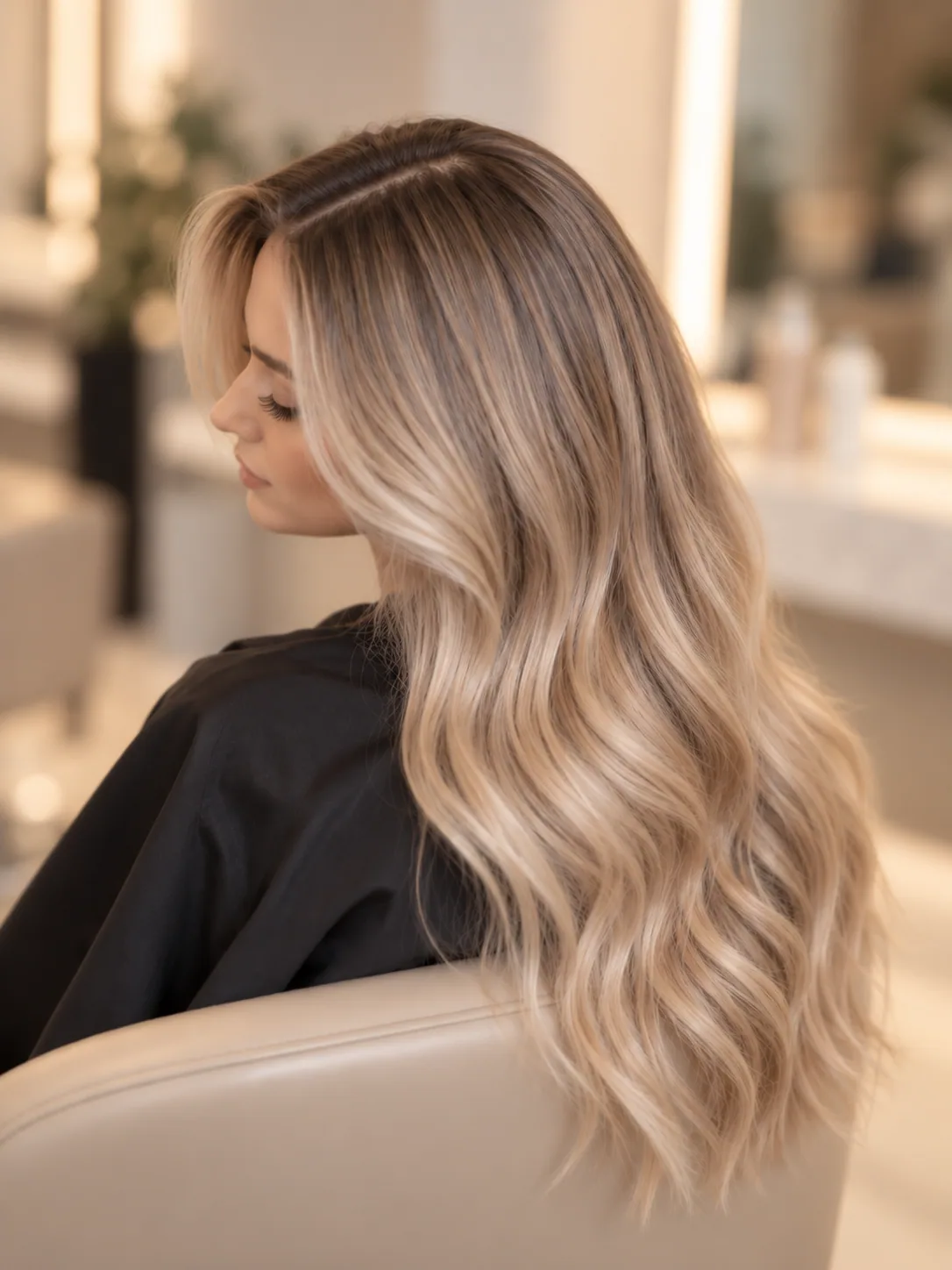 Soft blonde balayage with a face-framing cut seen in profile
